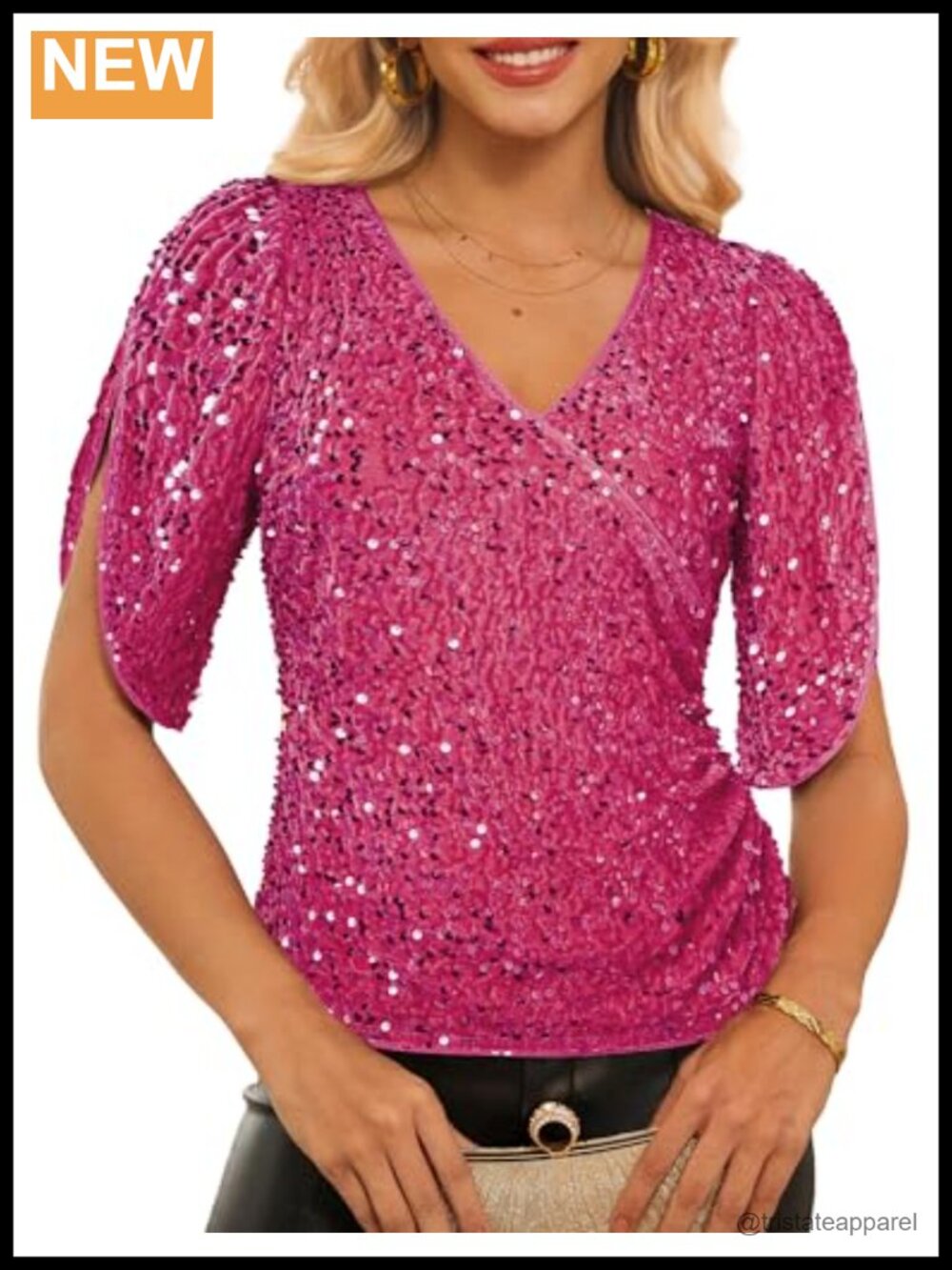 3/4 Sleeve Sequin V-Neck Velvet Ruched Blouse Sparkly Dressy Top Party